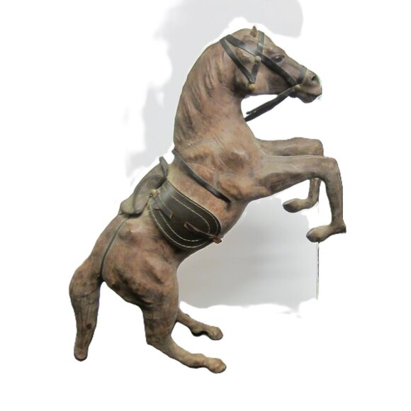 VTG 70'S CARVED WOODEN HORSE REARING UP, W/ LEATHER ACCENTS, BEAUTIFUL DETAILS